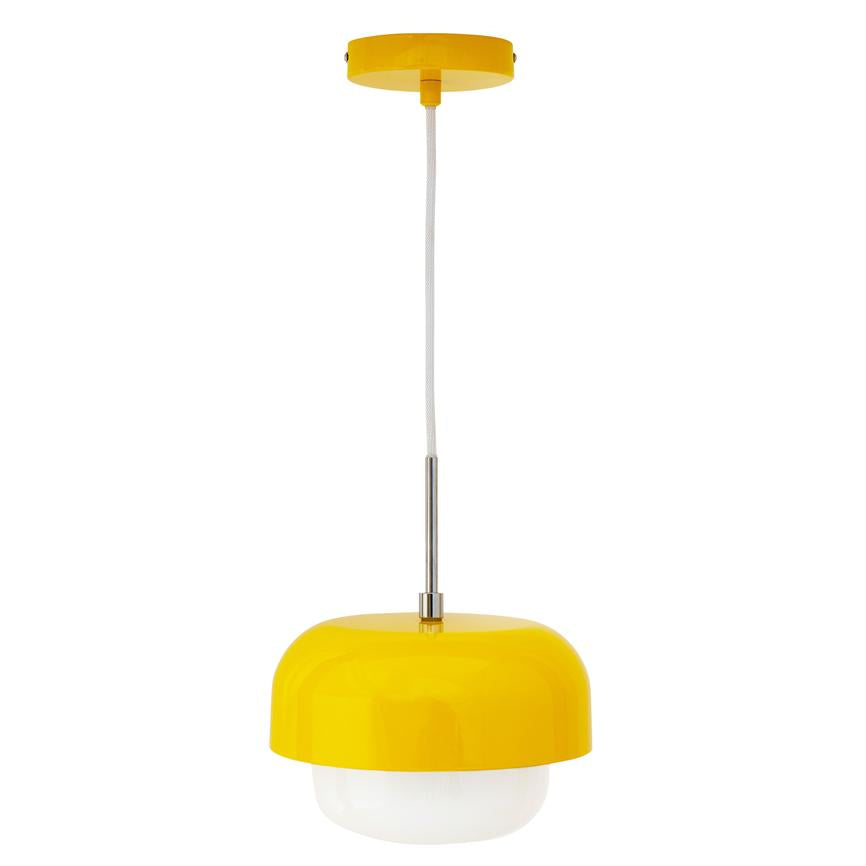 Gul pendellampe hænger i en hvid ledning og metalstang over en rund hvid diffusor, monteret til loftet med en gul baldakin; enkel, moderne design mod hvid baggrund.